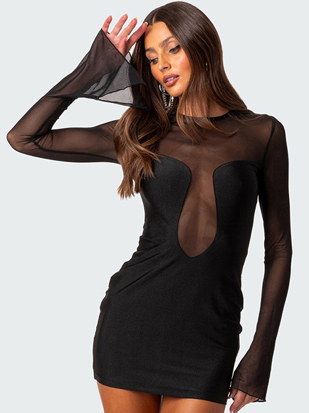 

LULU & SKY Bell Sleeves Semi Sheer Bodycon Mini Dress, Black