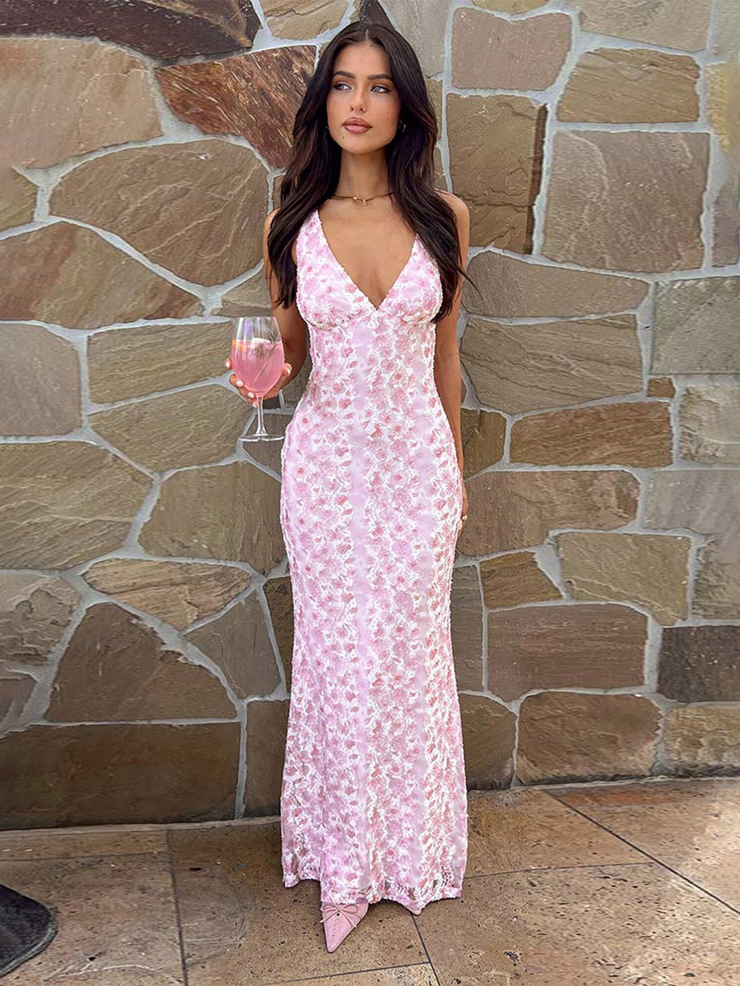 

LULU & SKY Floral Print V-Neck Maxi Dress, Pink