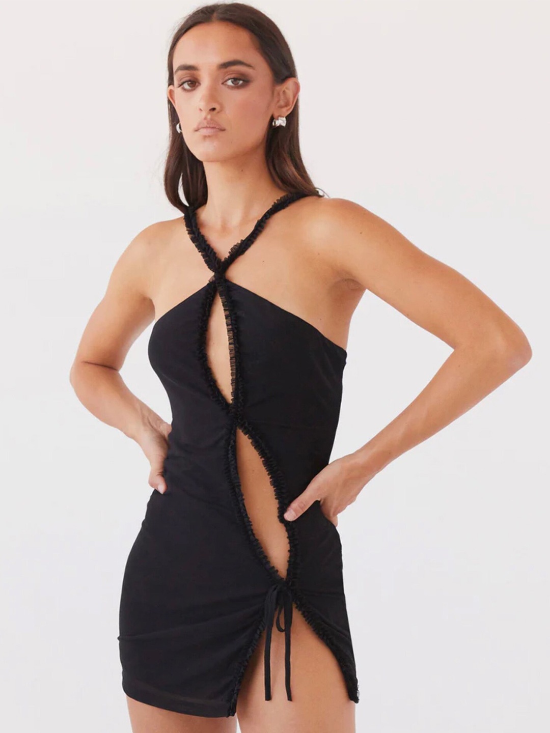 

LULU & SKY Halter Neck Cut-outs Bodycon Mini Dress, Black