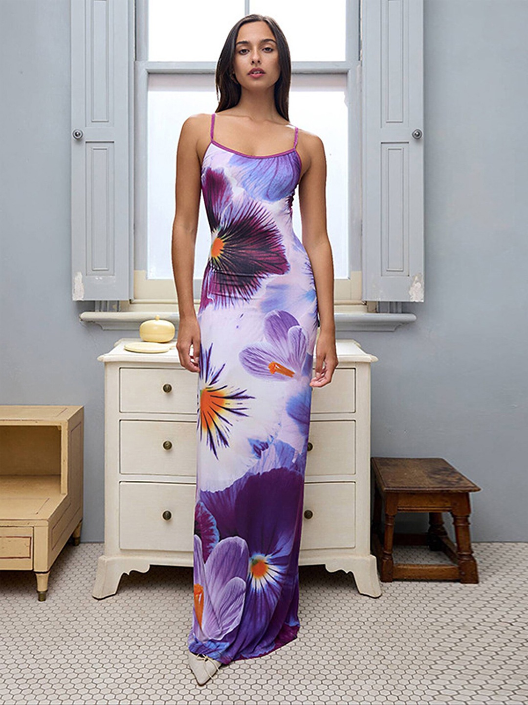 

LULU & SKY Floral Printed Shoulder Straps Maxi Dress, Purple