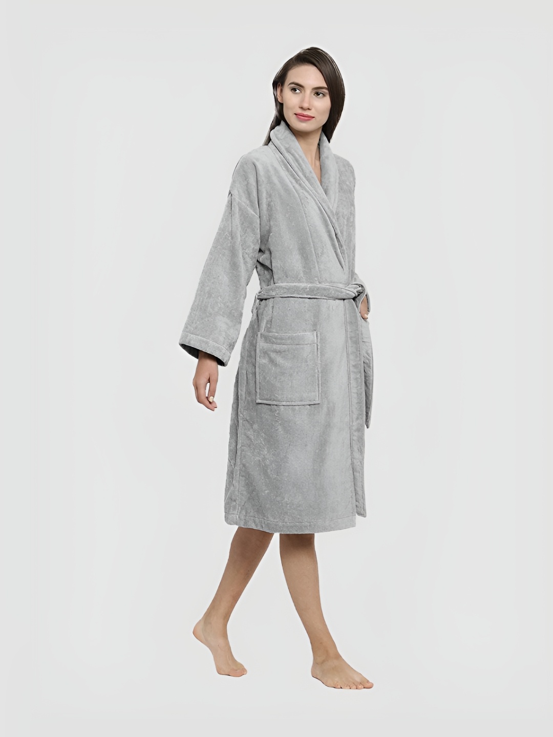 

MYTRIDENT Grey Shawl Collar Pure Cotton Bath Robe