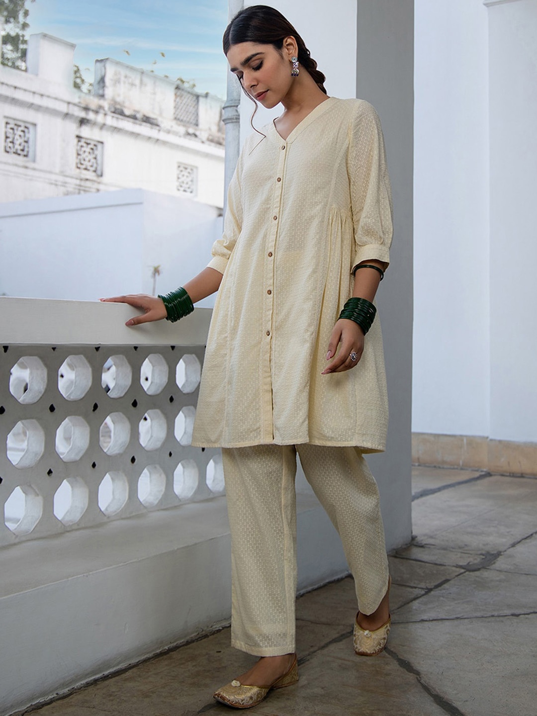 

Janasya Self-Design Cuffed Sleeves Pure Cotton A-Line Tunic With Trouser, Cream