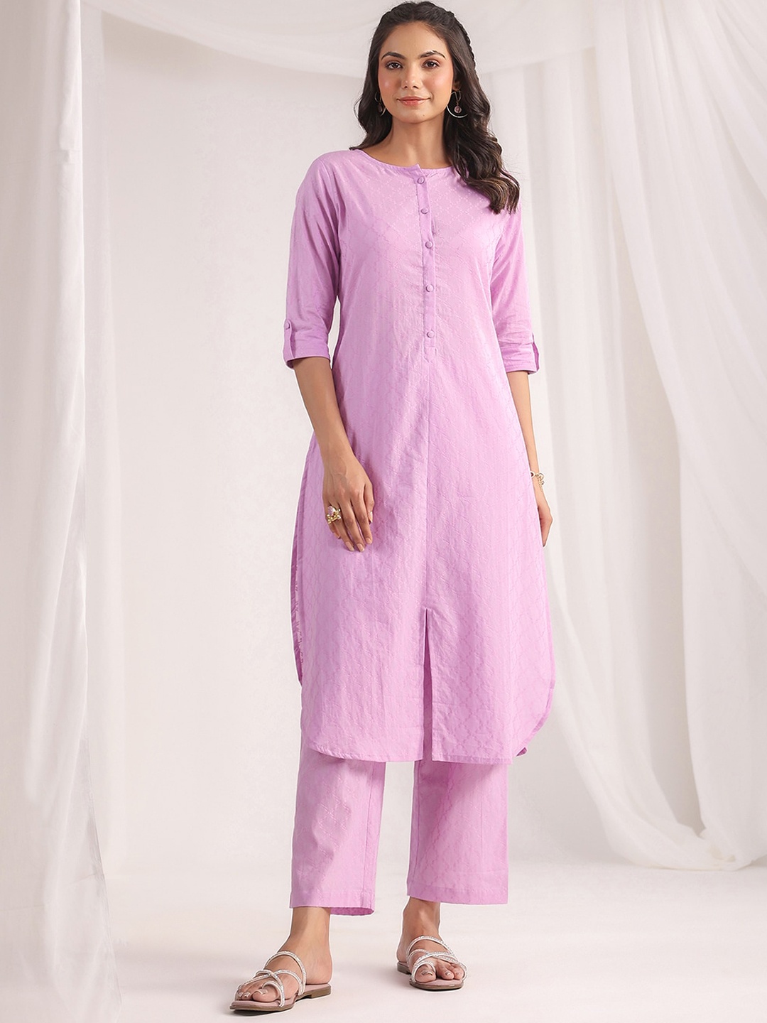 

Janasya Self Designed Pure Cotton Kurta And Trouser, Lavender