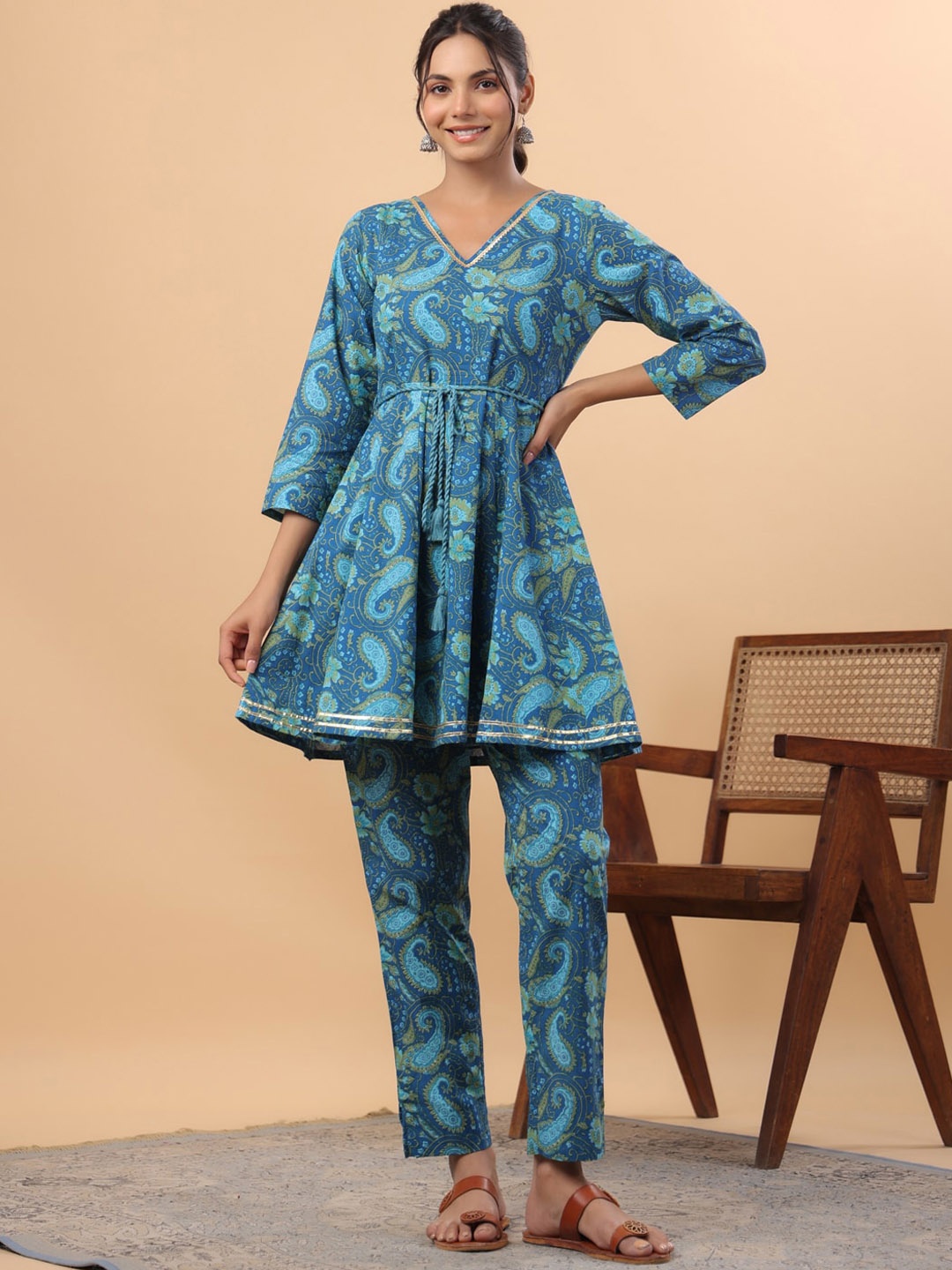 

Janasya Printed Pure Cotton Top & Trouser, Blue