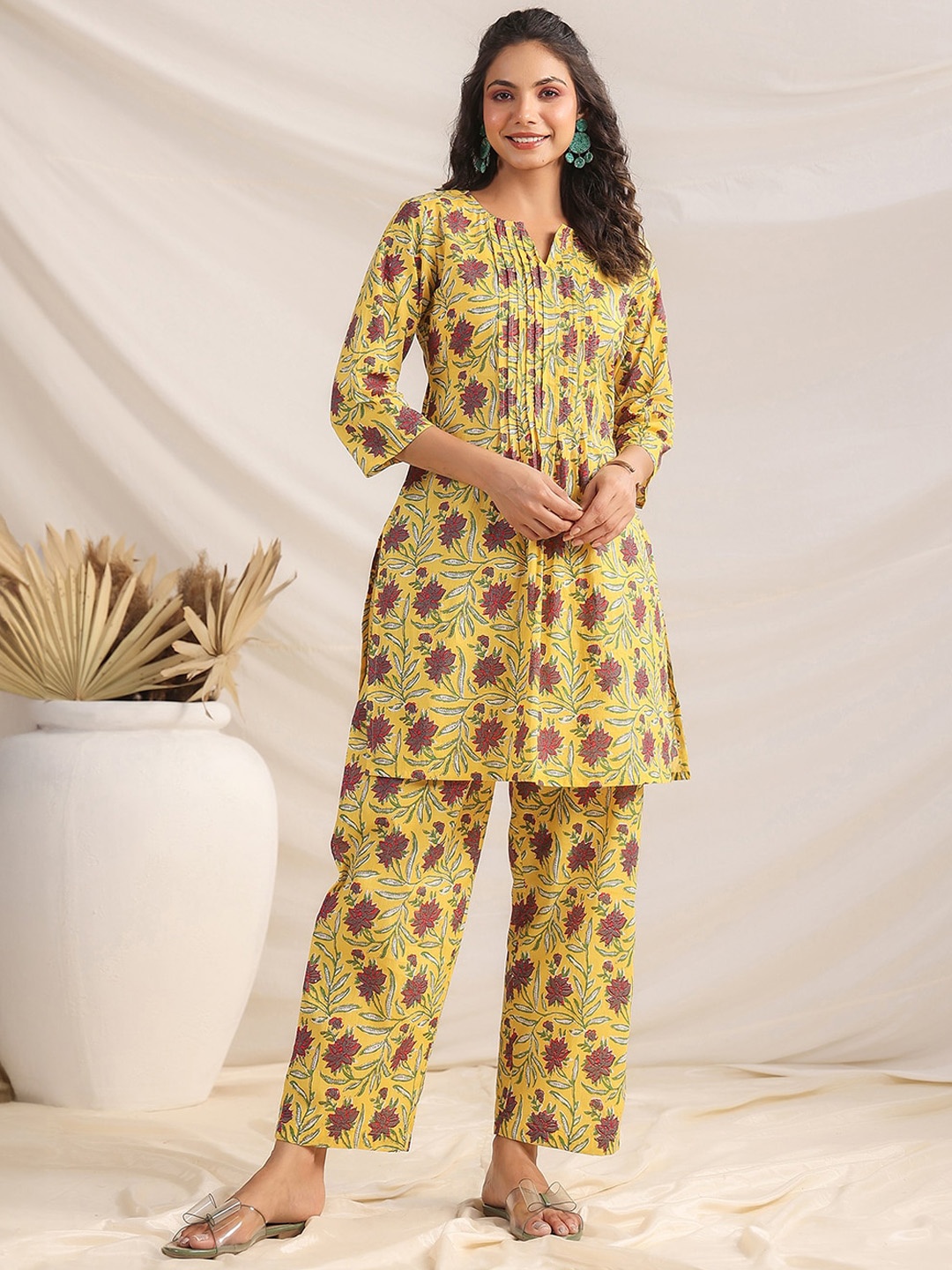 Janasya Floral Printed Pleated Pure Cotton Tunic & Trouser, Yellow