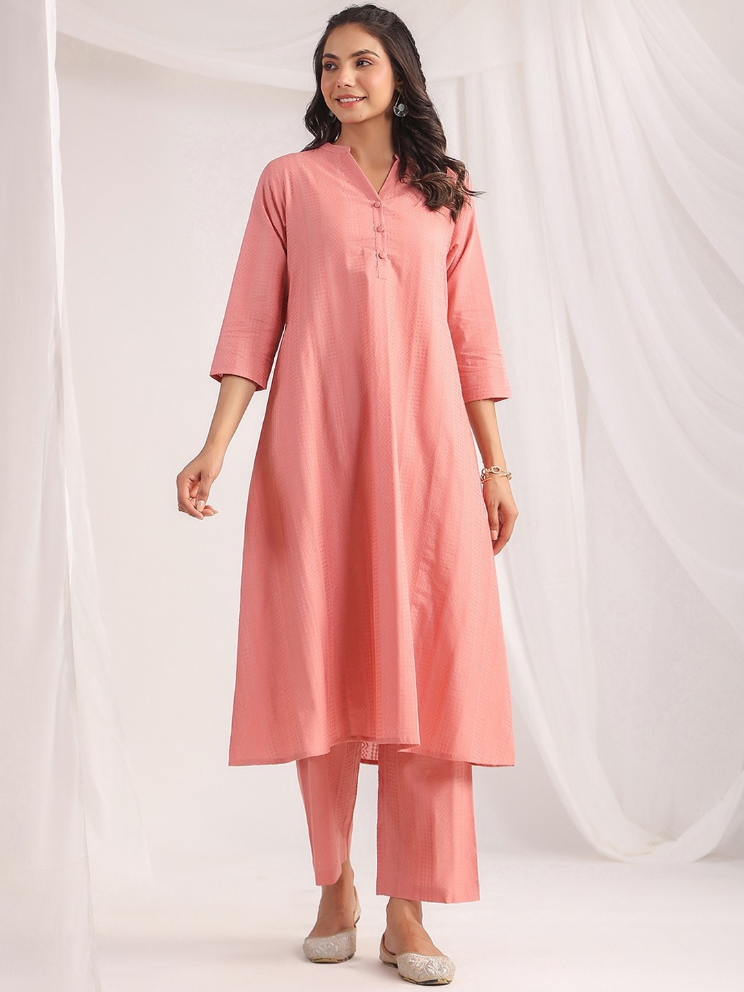 

Janasya Pink Printed Pure Cotton A-Line Tunic With Trousers