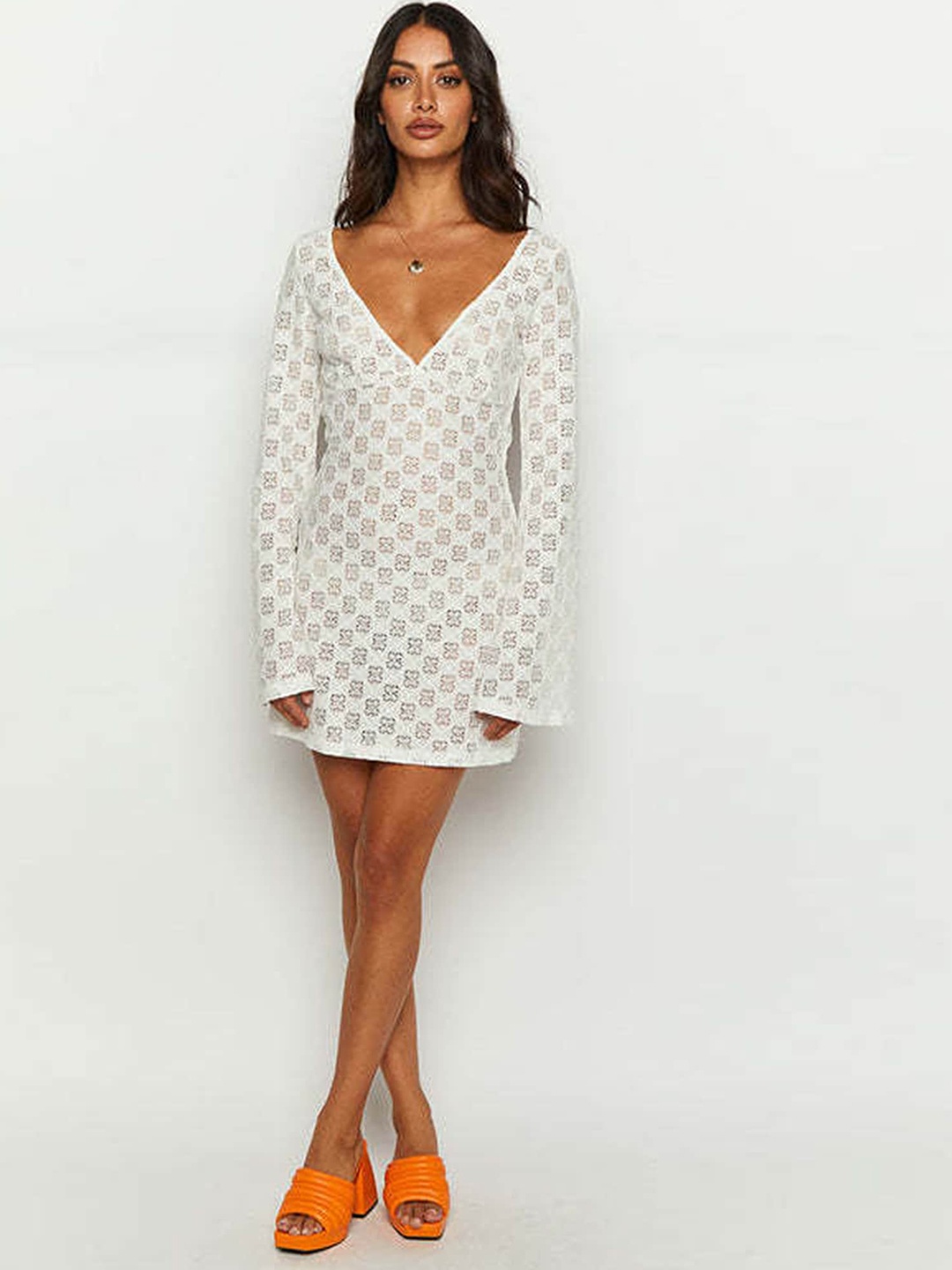 

LULU & SKY Self Design V-Neck Flared Sleeves A-Line Dress, White