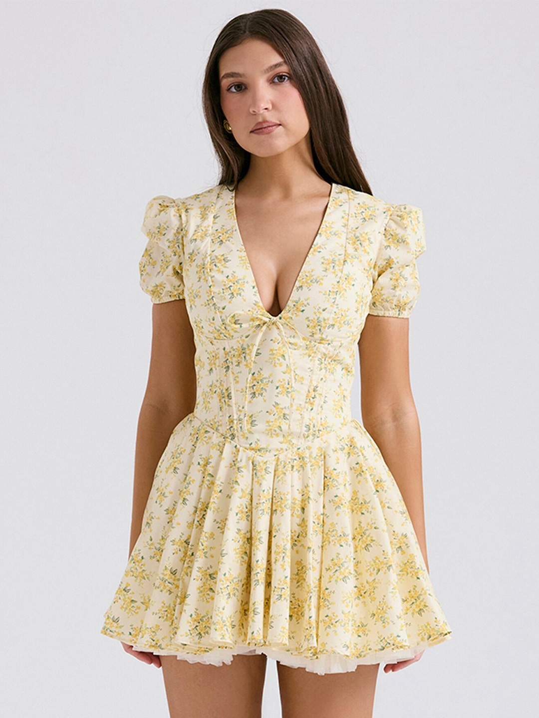 

LULU & SKY Floral Printed V-Neck Puff Sleeve Fit & Flare Mini Dress, Yellow
