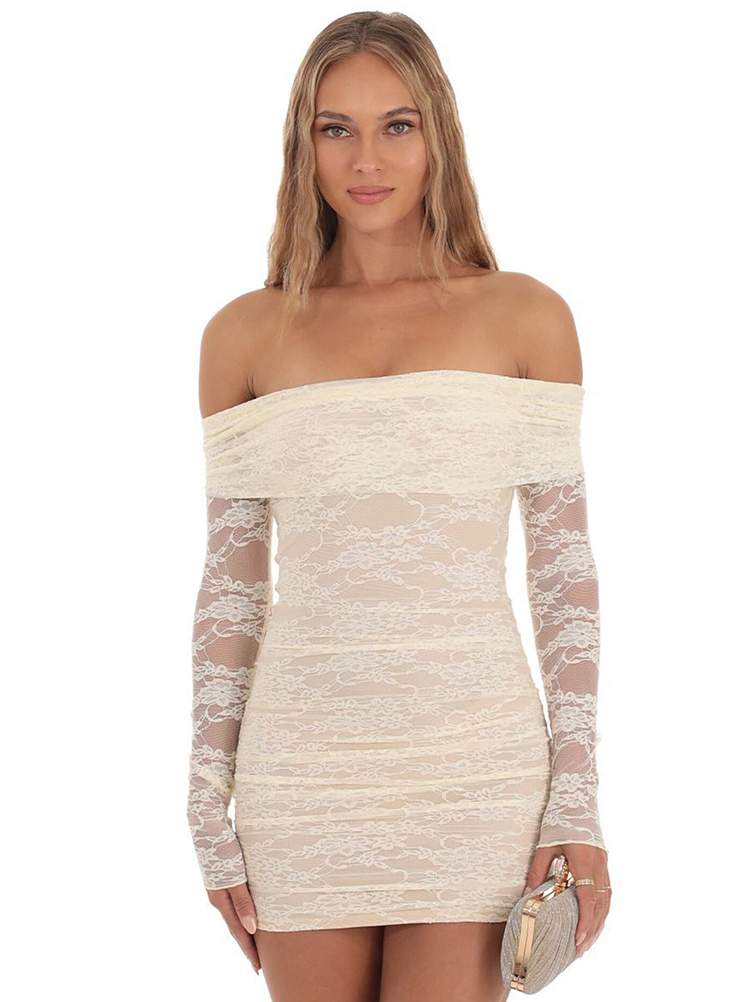 

LULU & SKY Self Design Off-Shoulder Bodycon Mini Dress, White