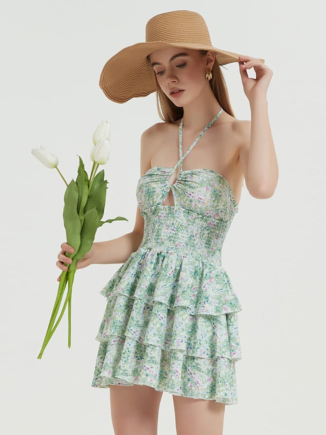 

LULU & SKY Floral Printed Halter Neck Fit & Flare Dress, Green