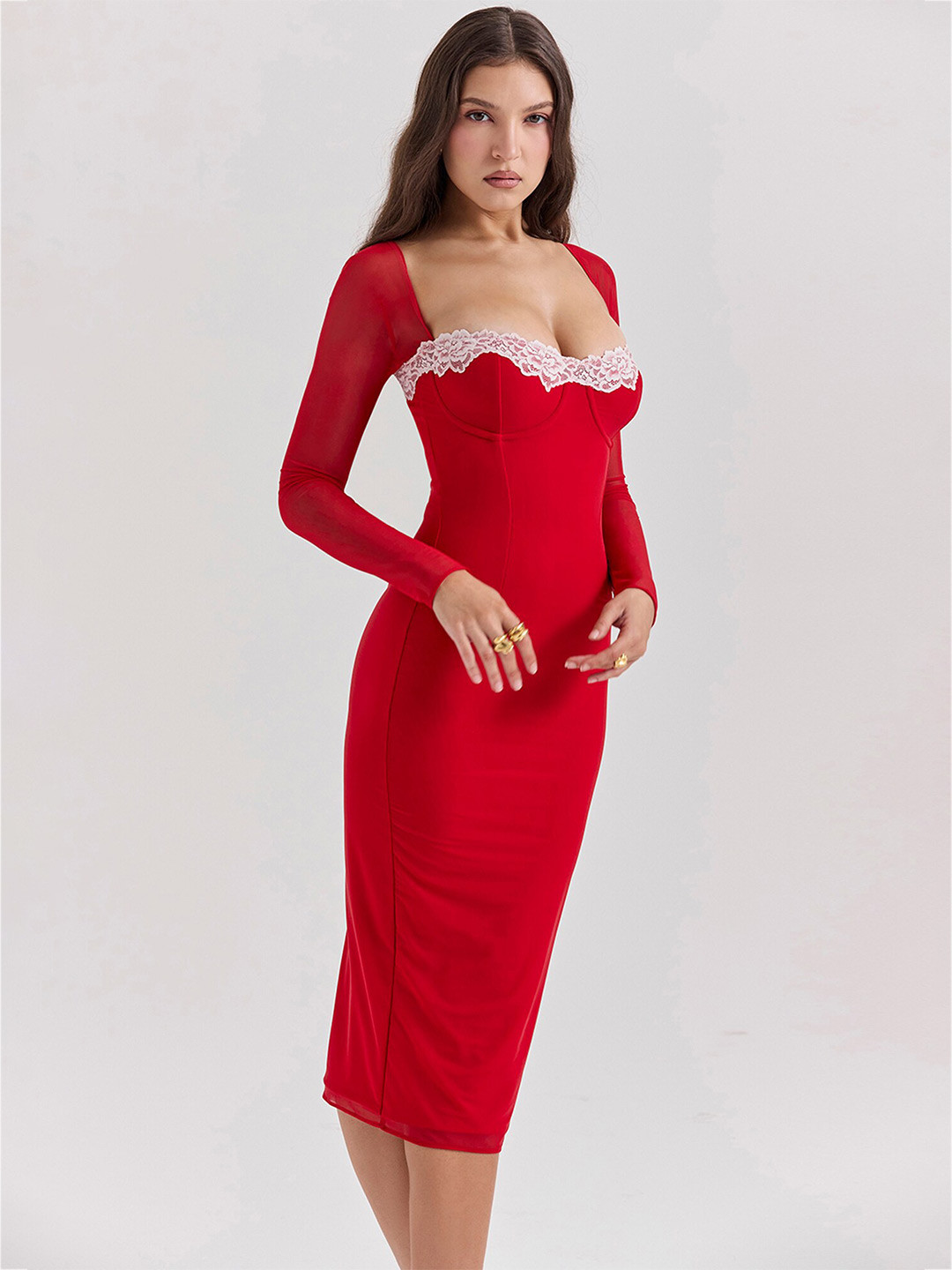 

LULU & SKY Square Neck Lace Inserts Bodycon Midi Dress, Red
