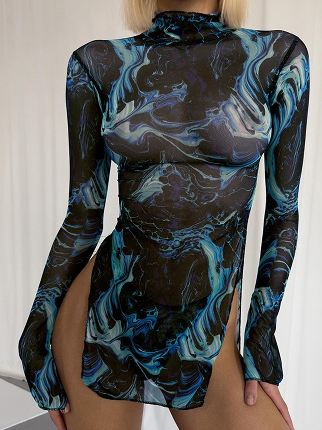 

LULU & SKY Abstract Printed High Neck Sheath Mini Dress, Blue