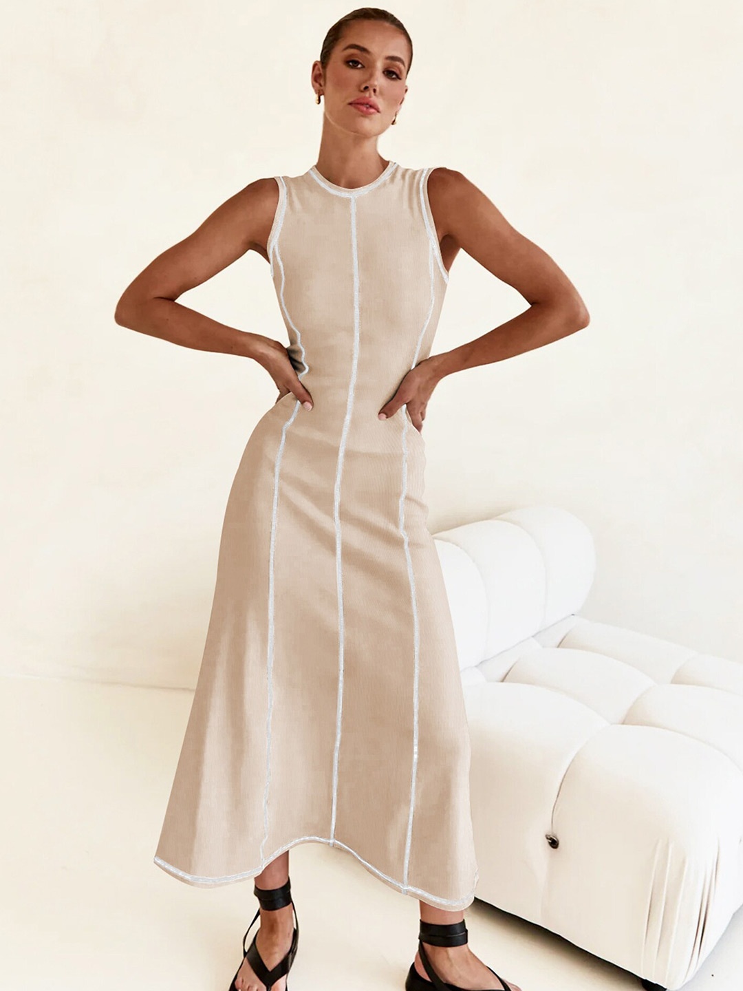 

LULU & SKY Round Neck Sleeveless Maxi Dress, Beige