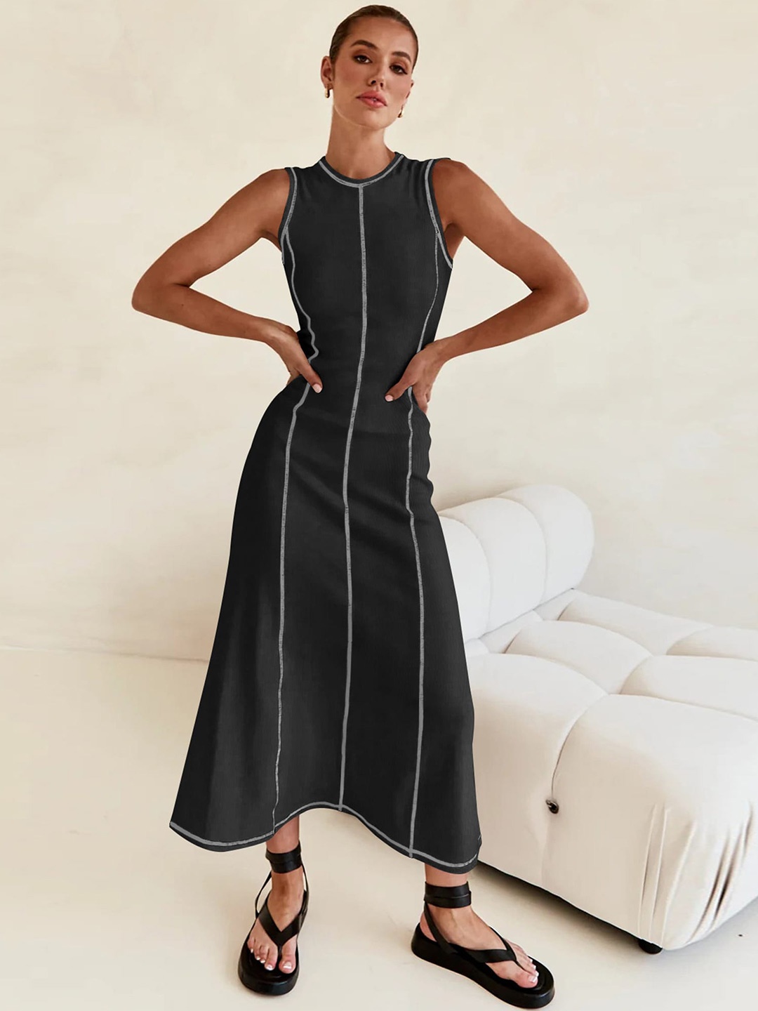 

LULU & SKY Ribbed Round Neck Maxi Dress, Black