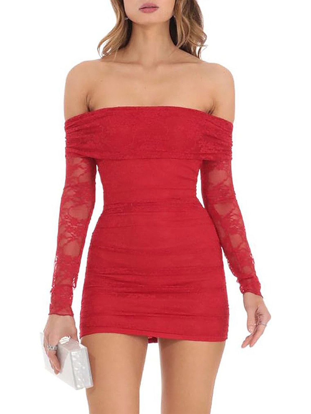 

LULU & SKY Self Design Off-Shoulder Bodycon Mini Dress, Red