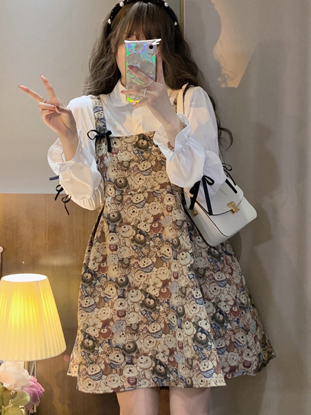 

LULU & SKY Graphic Printed Bow Detailed Pinafore Dress, Beige