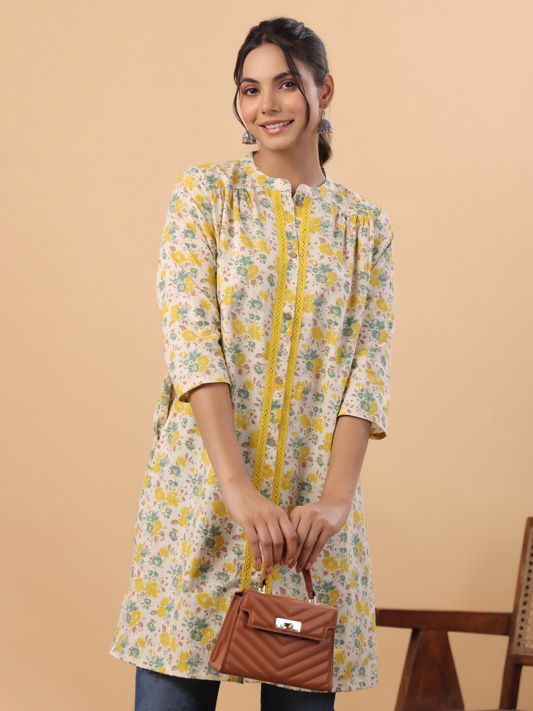 

Janasya Floral Printed Mandarin Collar Cotton Tunic, Beige