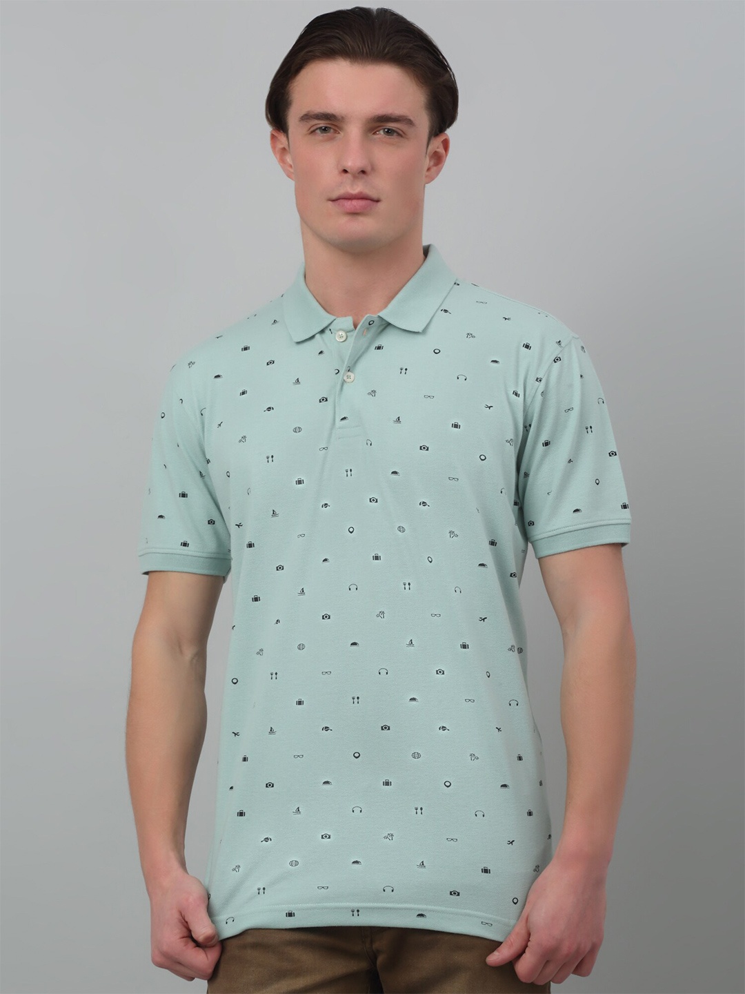 

Cantabil Conversational Printed Polo Collar Round Neck T-shirt, Green