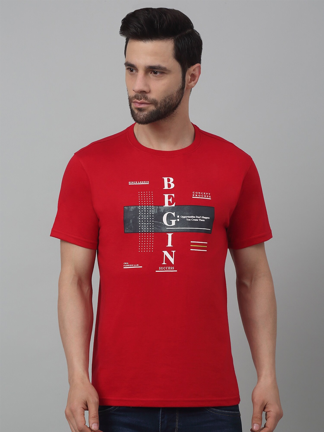 

Cantabil Typography Printed Round Neck Half Sleeves T-Shirt, Red