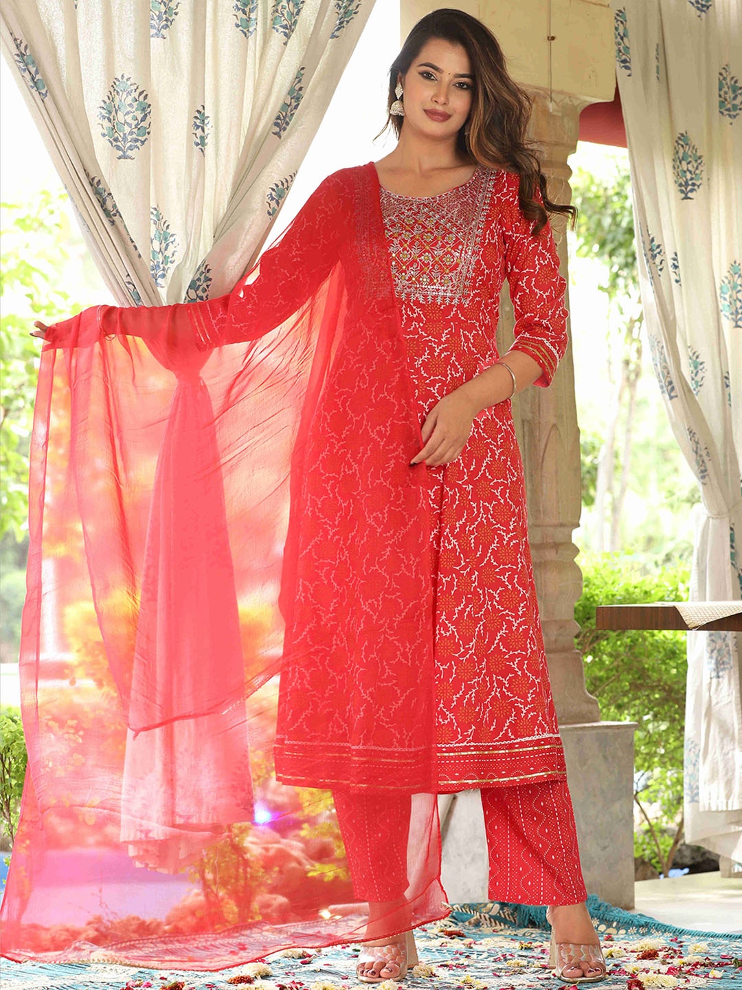 

SINGNI Ethnic Motifs Printed Thread Work A-Line Kurta With Trousers & Dupatta, Peach