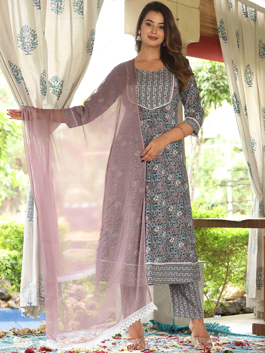 

SINGNI Floral Printed Mirror Work A-Line Kurta With Trousers & Dupatta, Grey