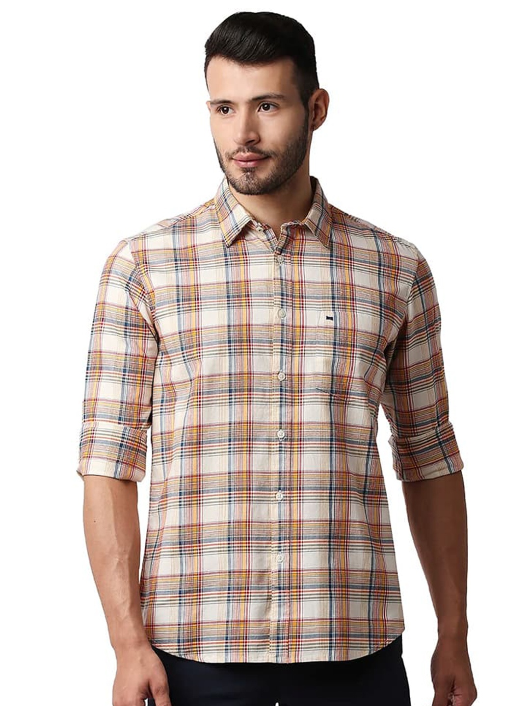 

Basics Spread Collar Slim Fit Tartan Checks Cotton Casual Shirt, Yellow