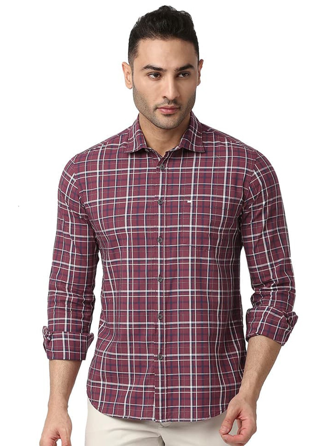 

Basics Slim Fit Tartan Checks Spread Collar Full Sleeves Cotton Shirt, Maroon
