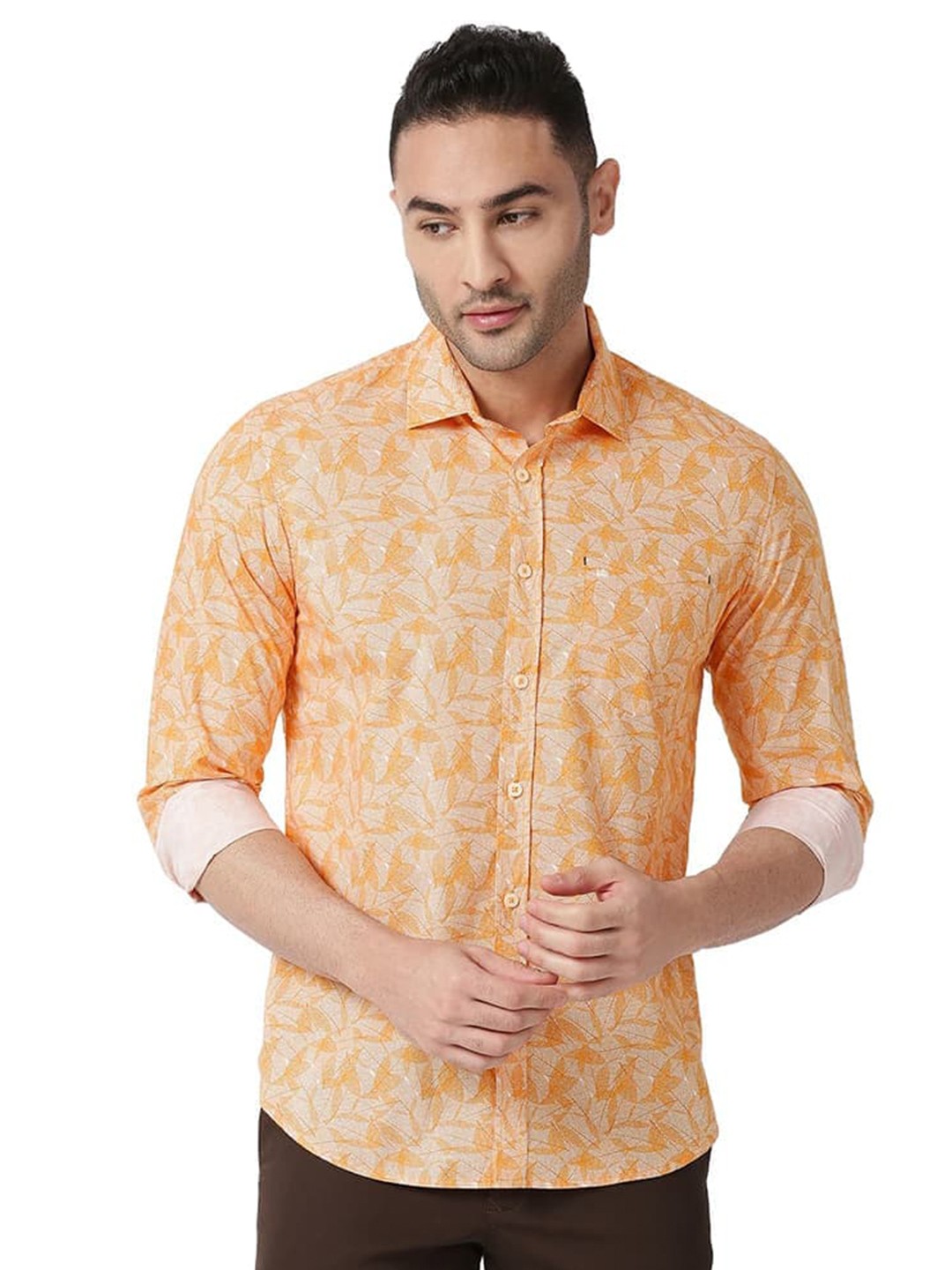 

Basics Slim Fit Floral Printed Cotton Casual Shirt, Orange