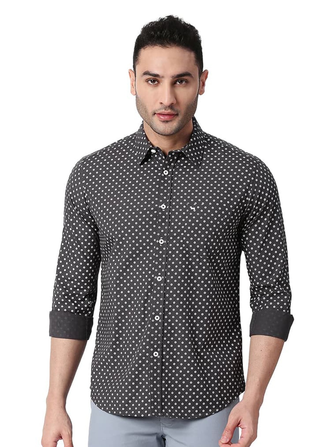 

Basics Slim Fit Geometric Printed Cotton Poplin Casual Shirt, Grey