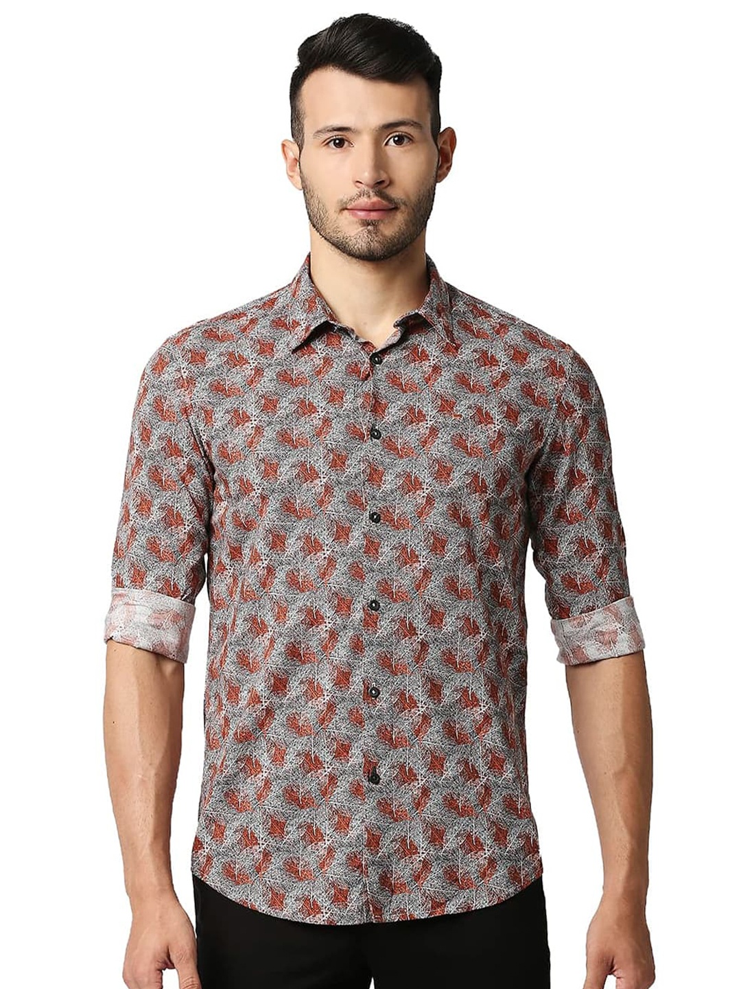 

Basics Slim Fit Floral Printed Spread Collar Cotton Casual Shirt, Orange