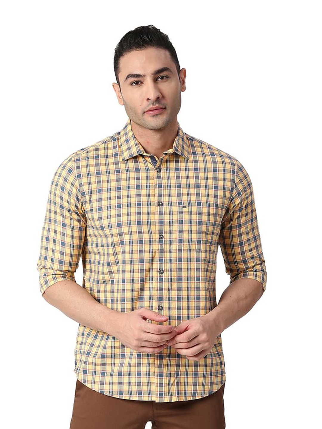 

Basics Slim Fit Checked Cotton Casual Shirt, Yellow