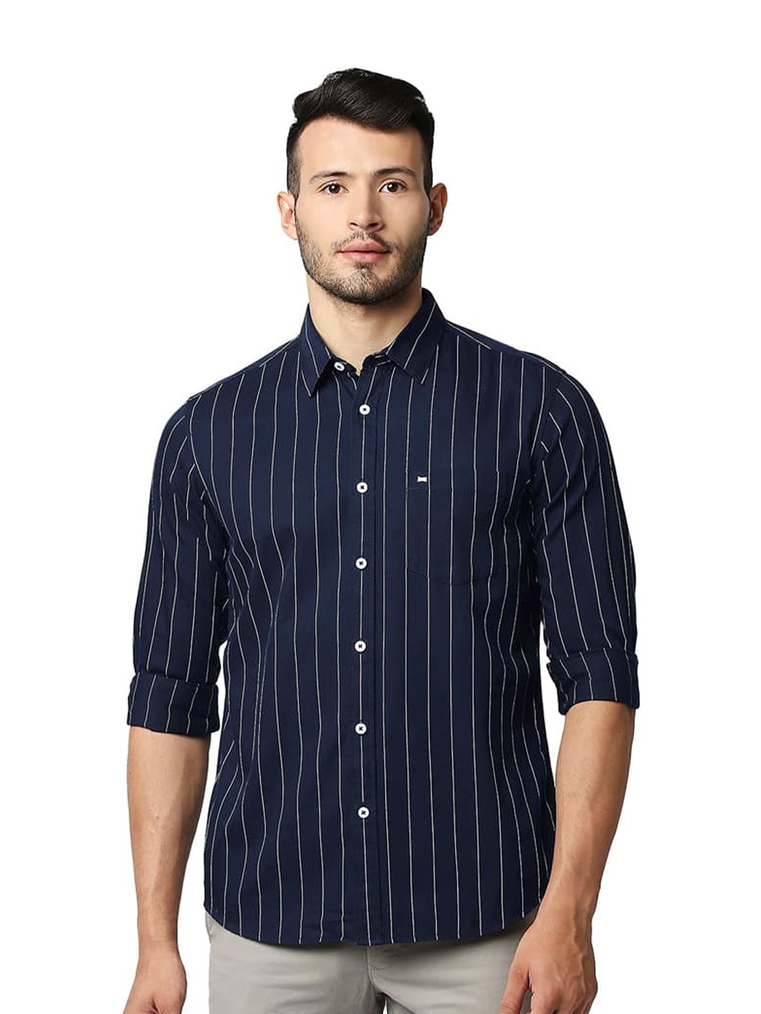 

Basics Spread Collar Slim Fit Opaque Striped Cotton Casual Shirt, Blue