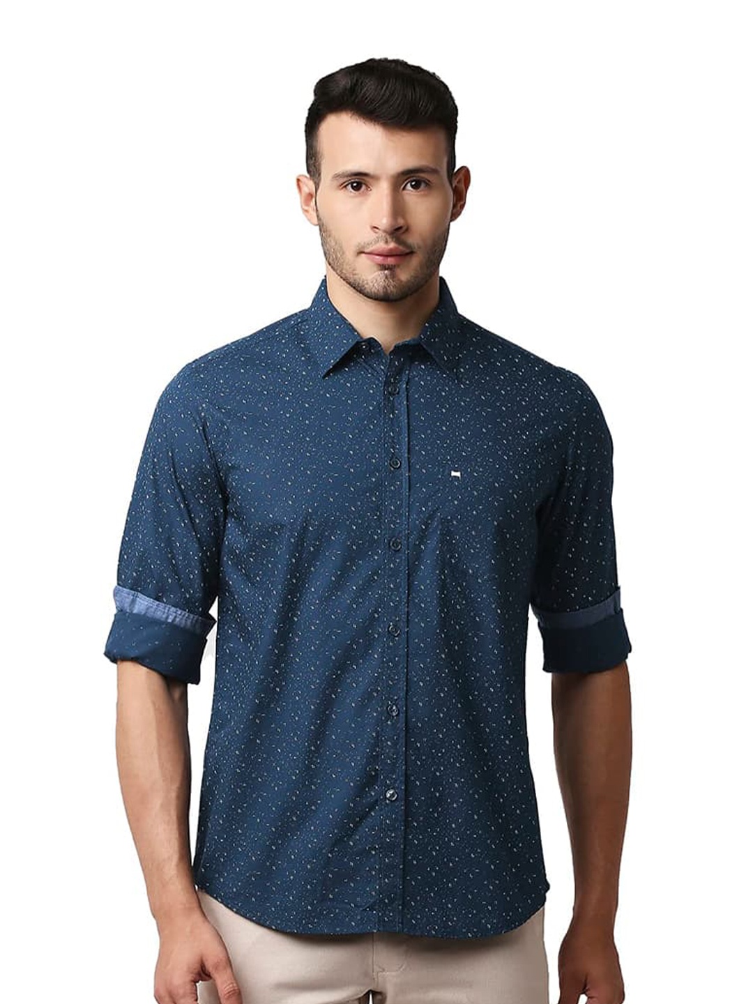 

Basics Spread Collar Slim Fit Printed Cotton Casual Shirt, Blue