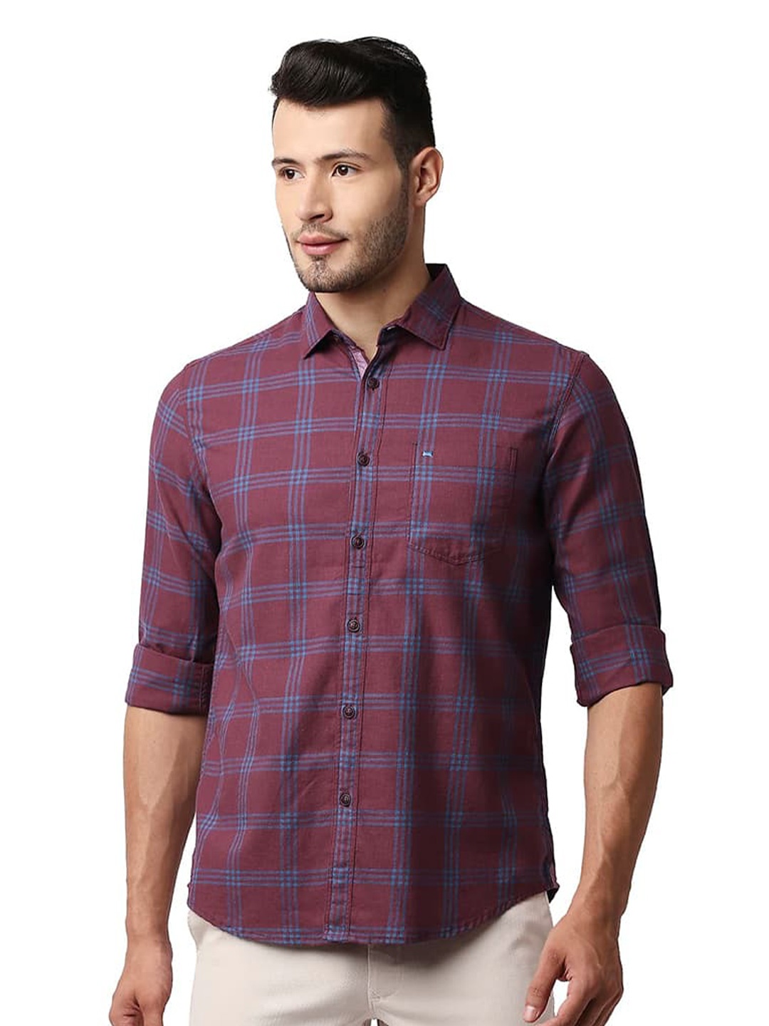 

Basics Slim Fit Melange Checks Spread Collar Full Sleeves Cotton Shirt, Red