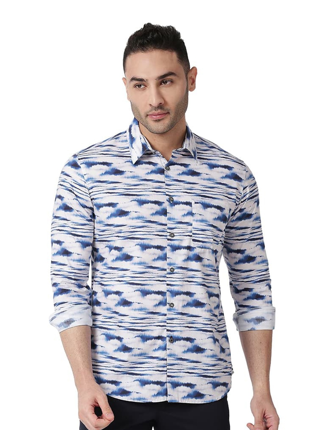

Basics Slim Fit Abstract Printed Cotton Poplin Casual Shirt, Blue