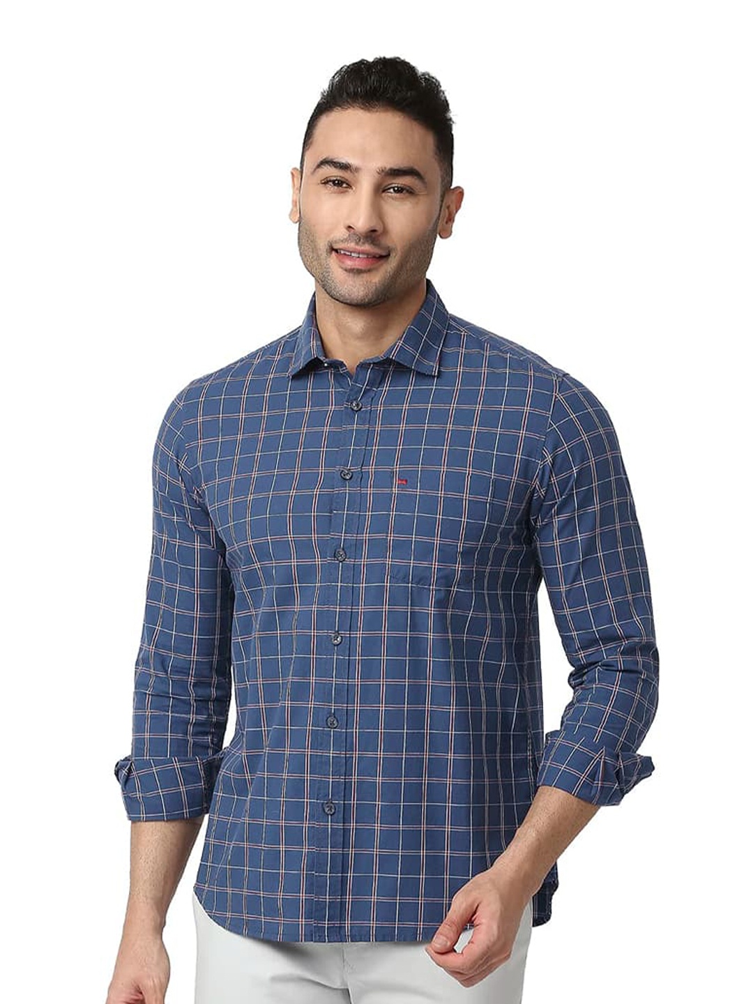 

Basics Checked Spread Collar Curved Cotton Slim Fit Casual Shirt, Blue
