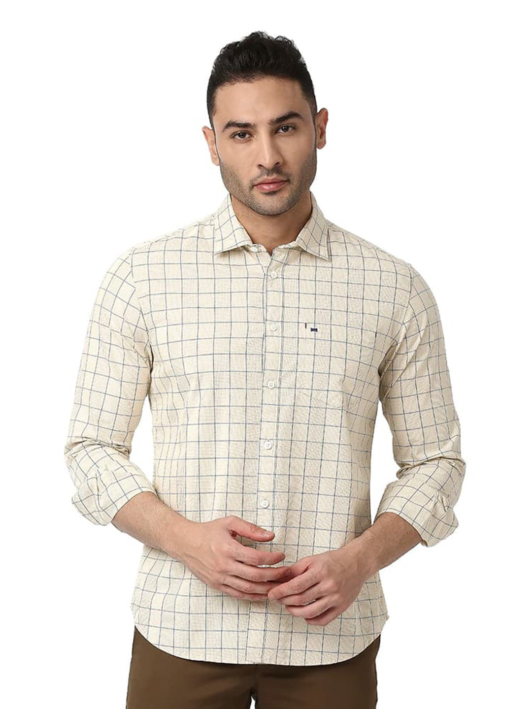 

Basics Slim Fit Checked Cotton Casual Shirt, Beige
