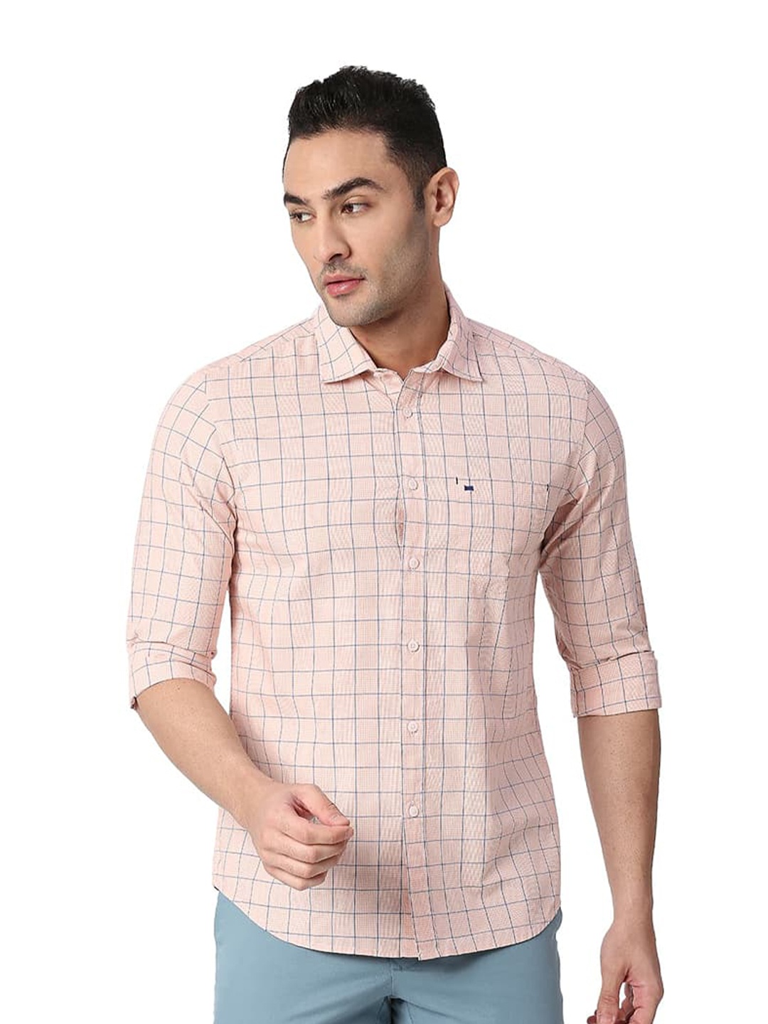 

Basics Slim Fit Checked Spread Collar Cotton Casual Shirt, Orange