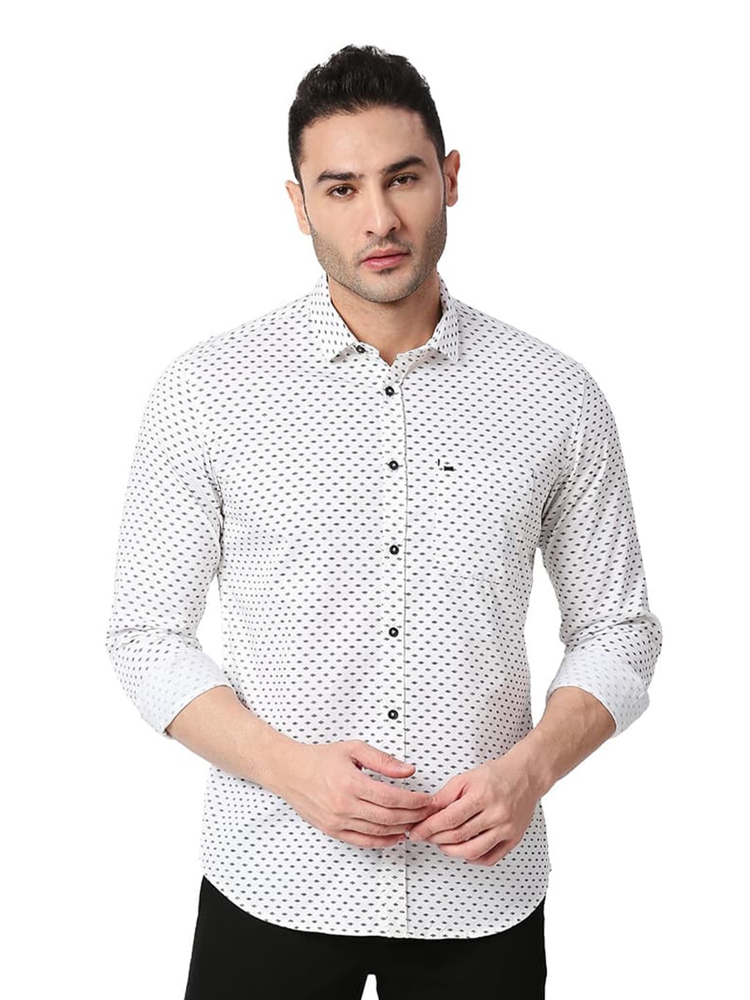 

Basics Spread Collar Slim Fit Polka Dot Printed Cotton Casual Shirt, White