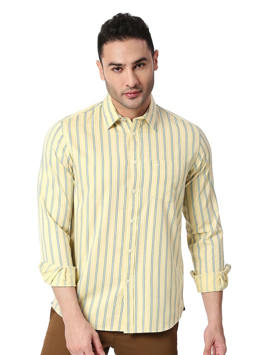 

Basics Slim Fit Striped Spread Collar Long Sleeves Cotton Casual Shirt, Yellow