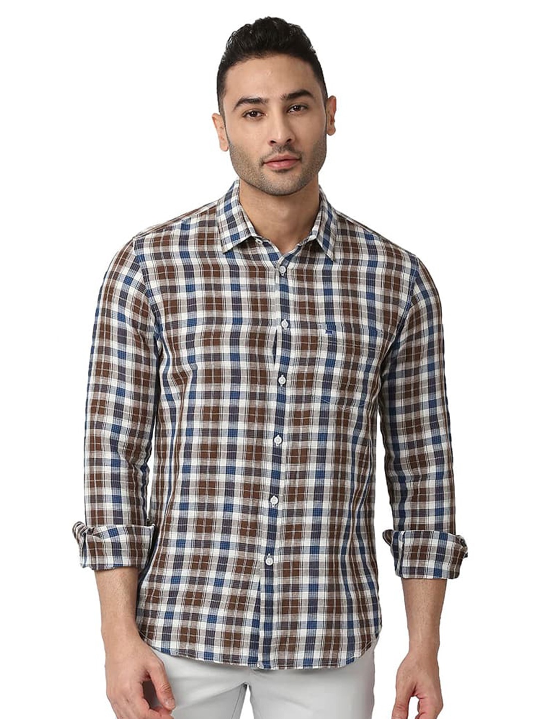 

Basics Slim Fit Tartan Checks Spread Collar Full Sleeves Cotton Shirt, Brown