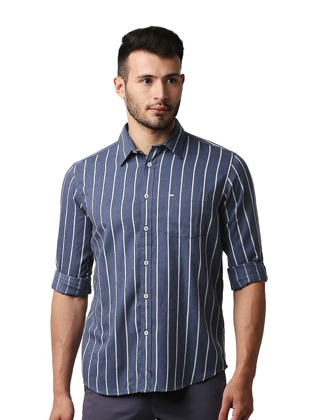 

Basics Slim Fit Striped Spread Collar Cotton Casual Shirt, Blue