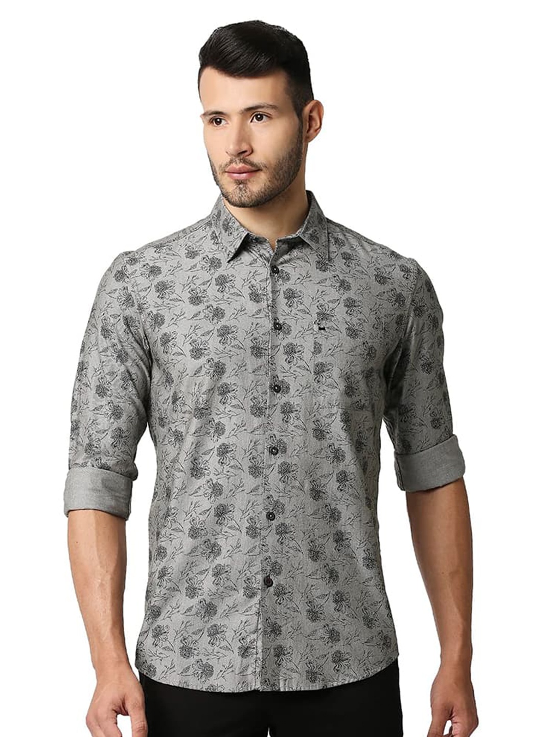 

Basics Slim Fit Floral Printed Spread Collar Full Sleeves Cotton Shirt, Grey