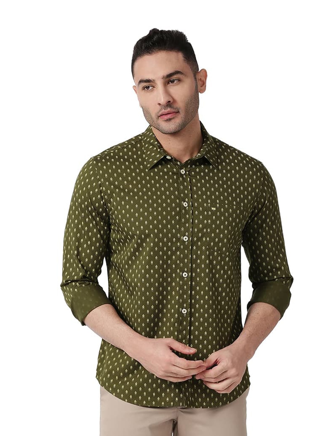 

Basics Slim Fit Micro Ditsy Printed Cotton Casual Shirt, Green