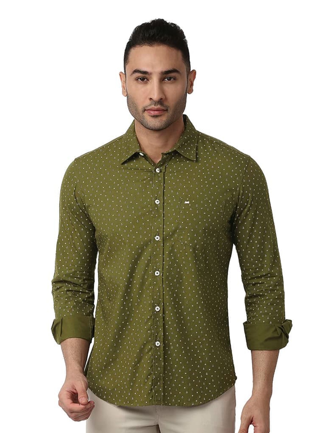 

Basics Spread Collar Slim Fit Opaque Printed Cotton Casual Shirt, Green