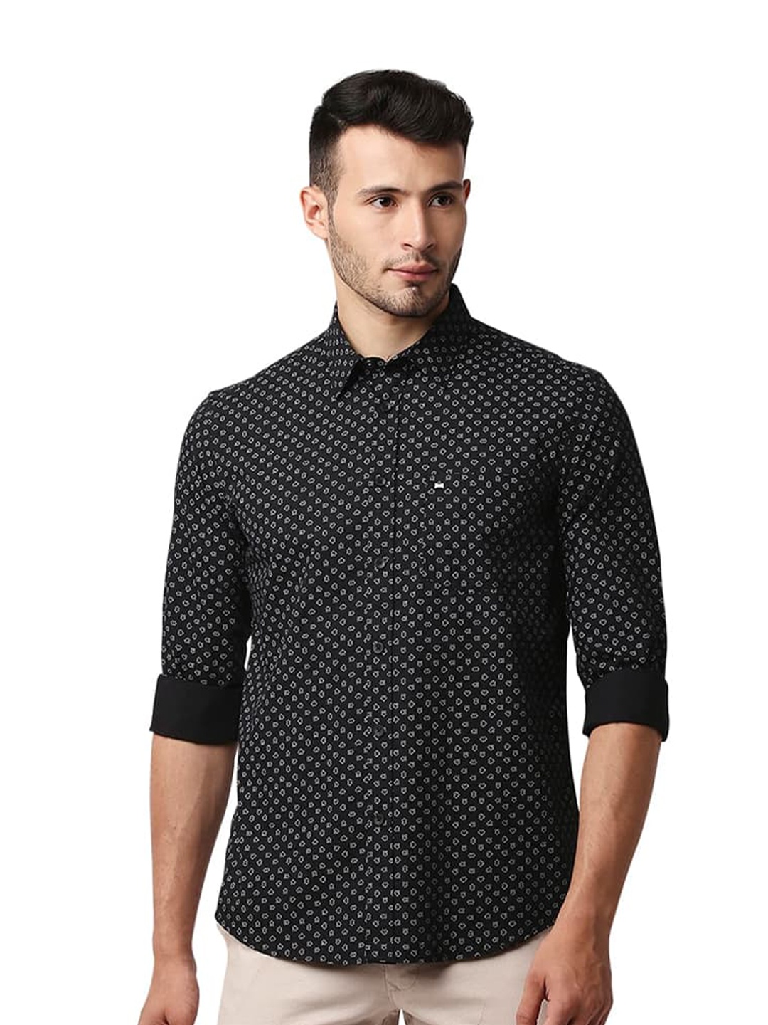 

Basics Slim Fit Micro Ditsy Printed Poplin Casual Shirt, Black