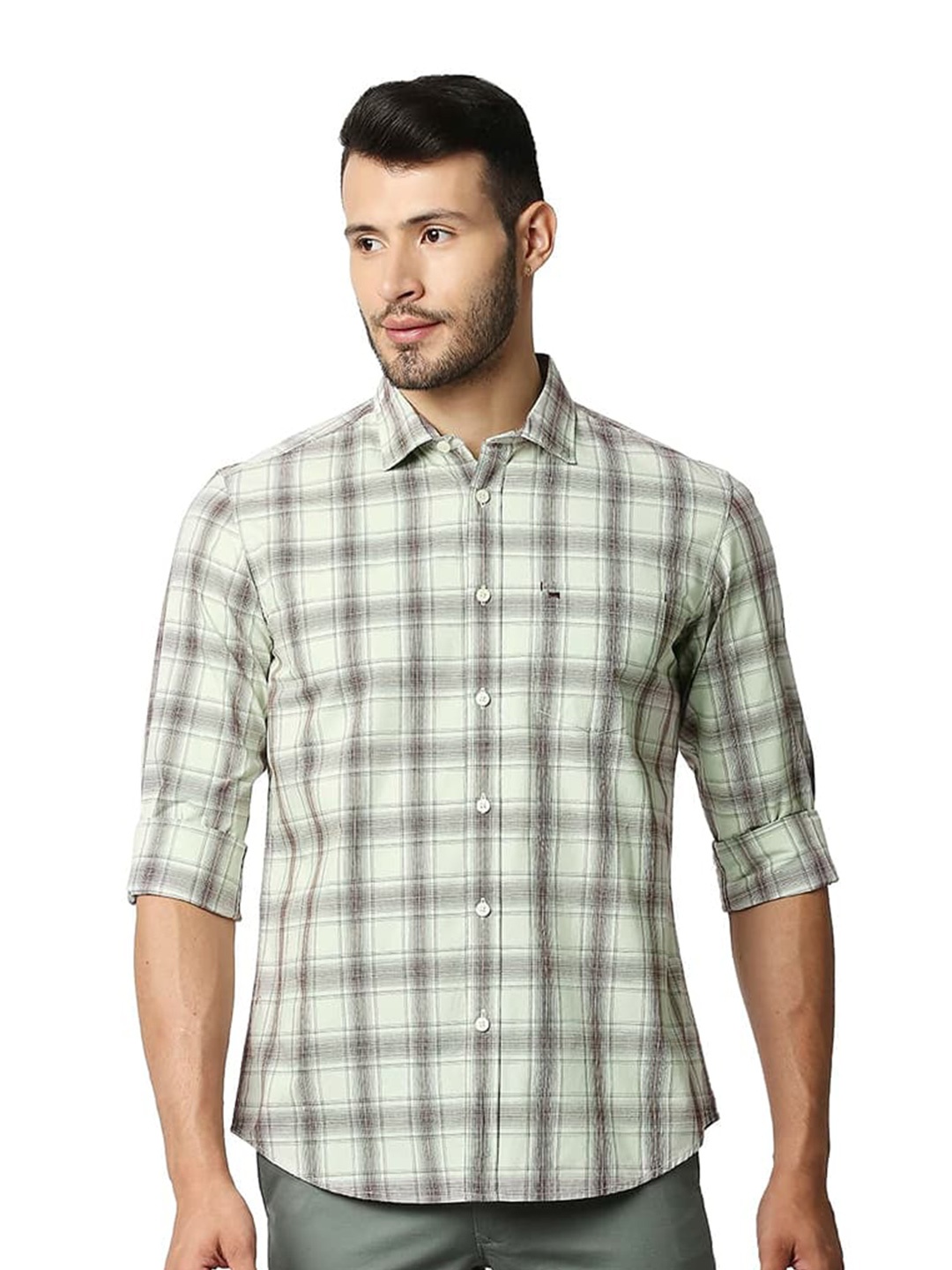 

Basics Slim Fit Tartan Checks Spread Collar Full Sleeves Cotton Shirt, Green