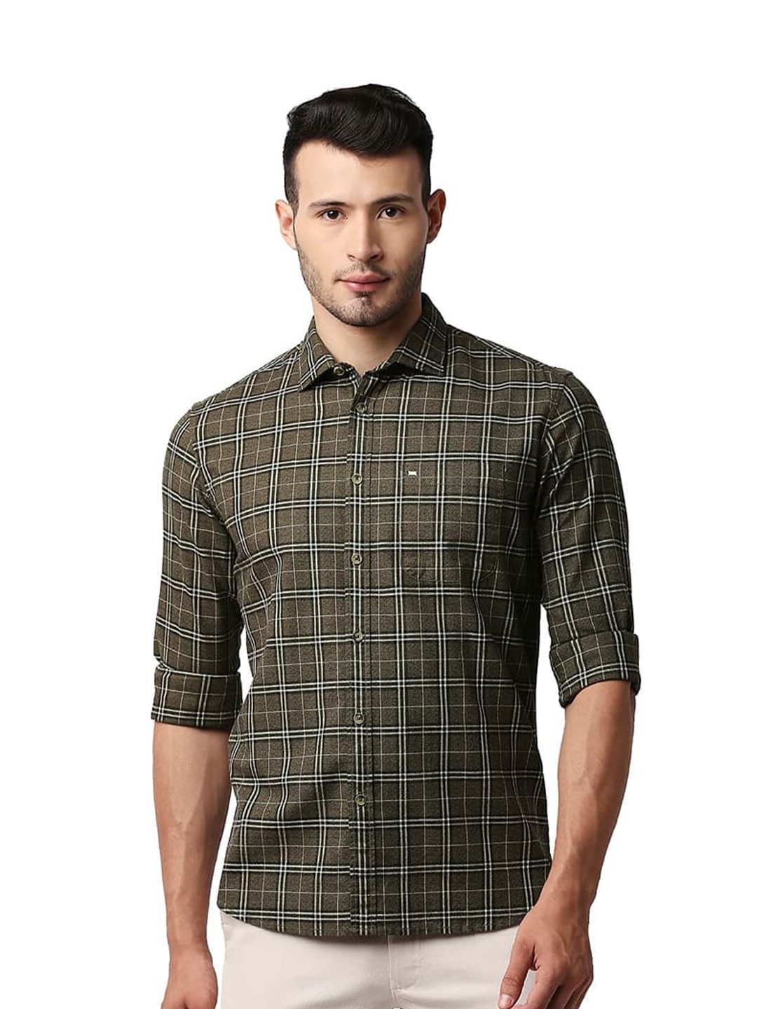 

Basics Men Slim Fit Windowpane Checked Cotton Casual Shirt, Green