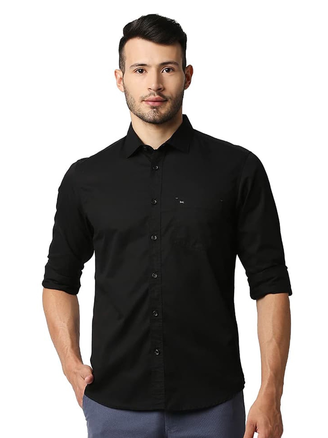 

Basics Slim Fit Spread Collar Cotton Casual Shirt, Black