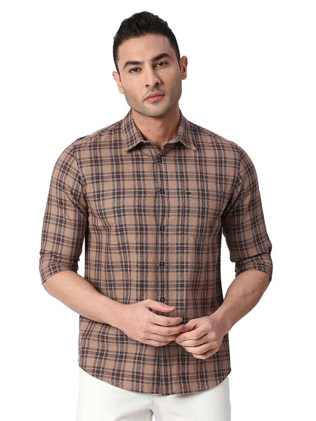 

Basics Slim Fit Tartan Checked Cotton Casual Shirt, Brown